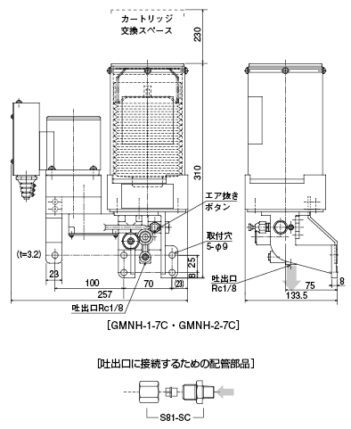 圧力進行作動型電動ポンプ　GMNH型　外形寸法図