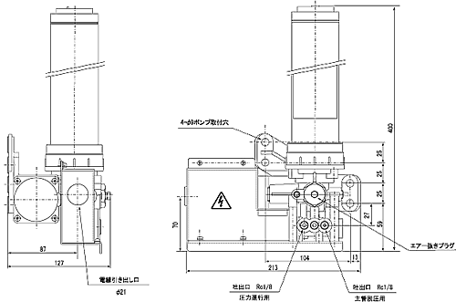 小型〜中型機械用　主配管脱圧作動/圧力進行作動並用システム/ツイン型電動ポンプ EGM-T型　外形寸法図