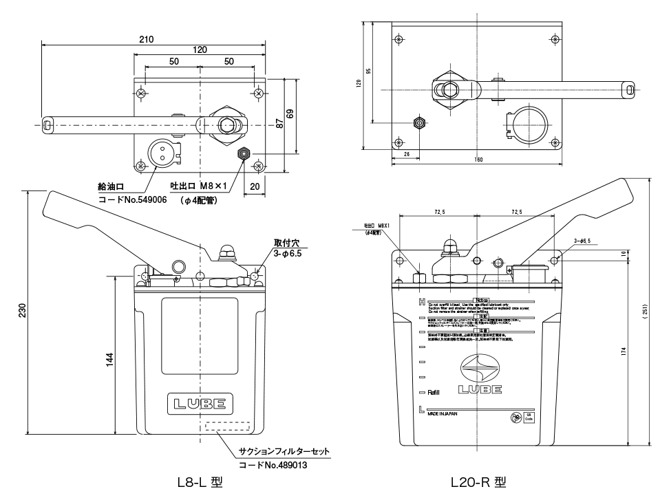 L8 · L20 型（手動潤滑ピストンポンプ）外形寸法図